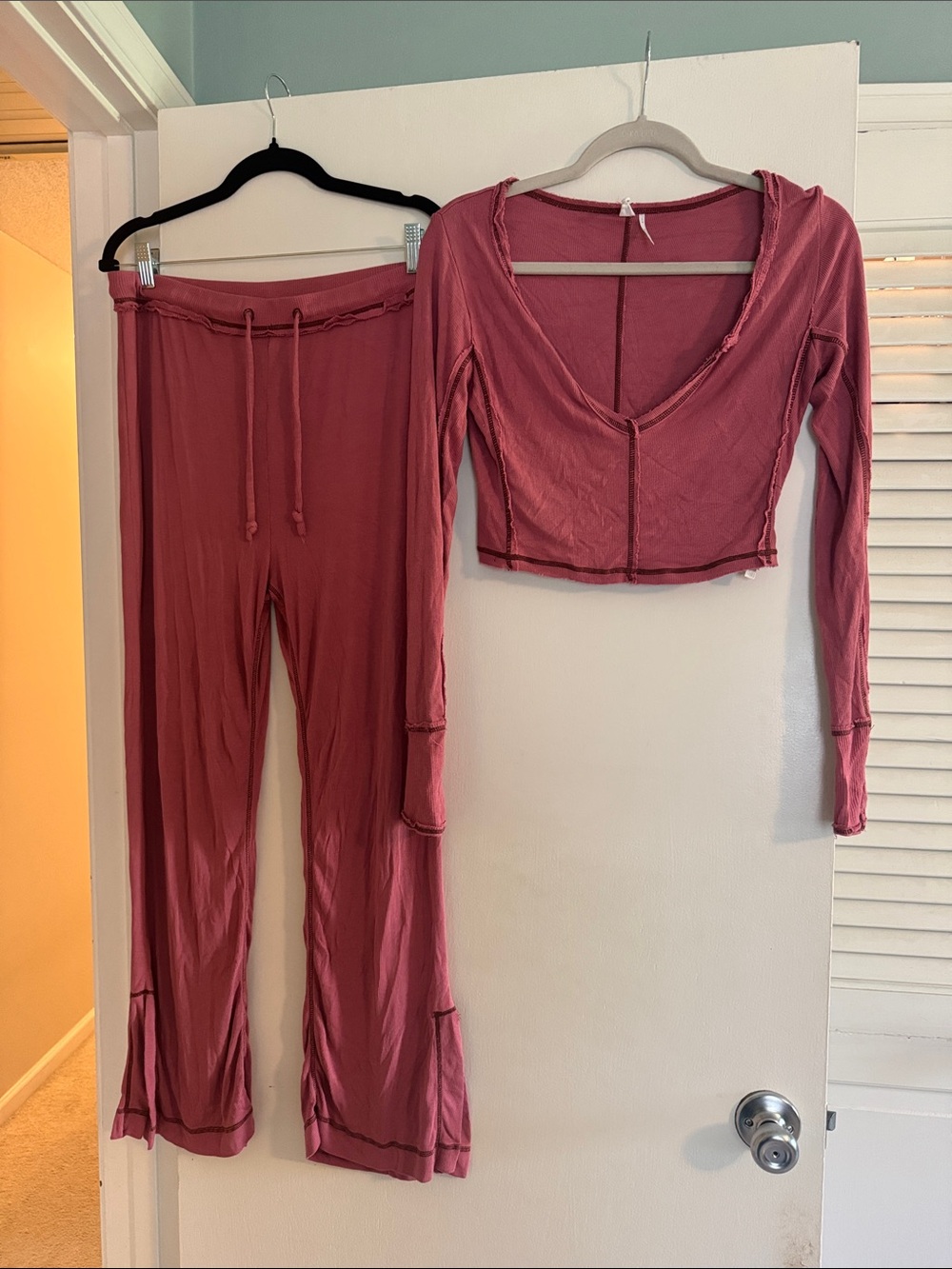 Urban Outfitters Dusty Rose Long-Sleeve Crop Top & Drawstring Pant Set